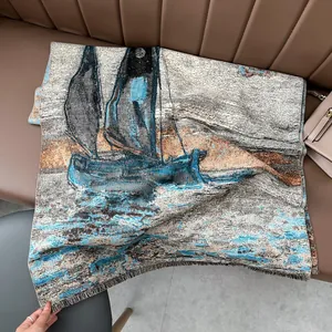 Vista detallada de una bufanda gruesa estilo pintura al óleo con velero y flecos