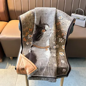 Bohemian cashmere-like shawl with cat and floral pattern featuring delicate fringes