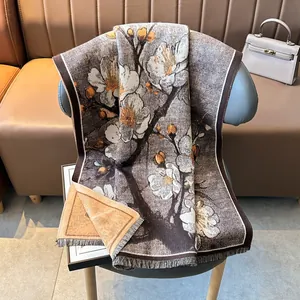 Retro Ölgemälde-Stil Kaschmirschal mit weißem Blumen-Jacquard und feinen Fransen