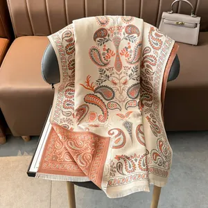 Winter paisley double-sided cashmere-like shawl with tassels in beige and orange