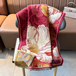 Écharpe épaisse style cachemire avec motifs de fleurs de peinture à l'huile et franges