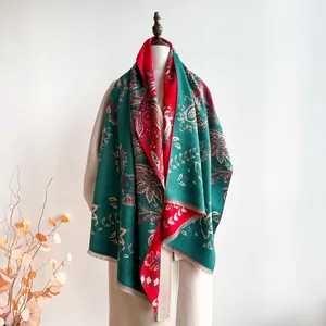 Ethnic paisley jacquard thick shawl wrap in reversible teal and red autumn winter scarf