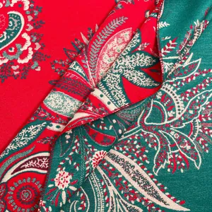 Macro detail of high-quality cashmere-feel shawl showing paisley patterns and jacquard texture