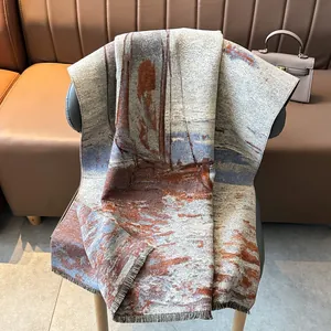 Chal grueso de invierno de tacto cachemira con pintura al óleo de velero y flecos suaves