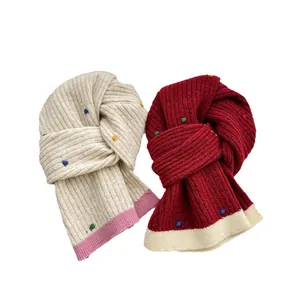 Knitted wool scarf set for women with colorful dot patterns and ribbed texture for winter