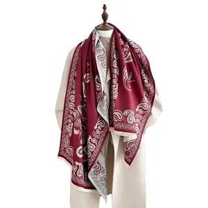 Winter paisley double-sided burgundy shawl scarf with retro fringe and cashmere feel