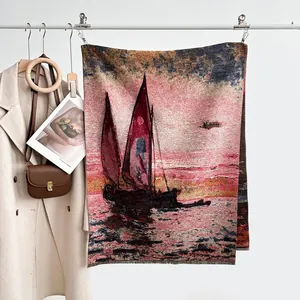 Bufanda gruesa y cálida tacto cachemira con diseño de velero al óleo y flecos
