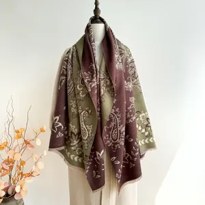 Thick paisley jacquard pashmina shawl scarf with fringe in olive and maroon for women