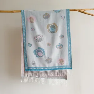 Vintage Camellia Jacquard Scarf For Women Imitation Cashmere Thick Shawl Wrap With Tassels Retro Ethnic Winter Warm Scarf