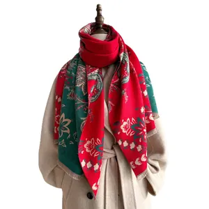 Ethnic paisley pattern cashmere shawl in red and green with fringe for women