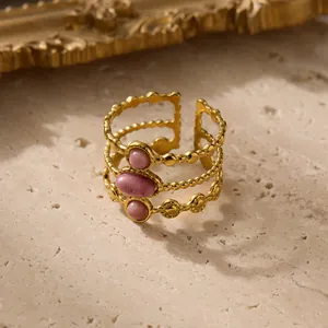 French retro 18K gold stainless steel open ring with three pink natural stones