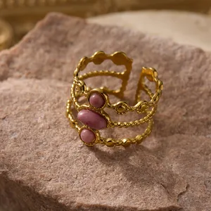 18K gold plated multi-layer open ring featuring three pink oval gemstones for women
