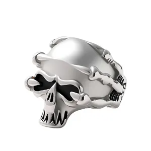 Gothic punk style silver skull ring for men made of durable polished stainless steel