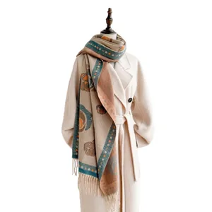 Vintage camellia floral cashmere scarf with blue polka dots and fringe details