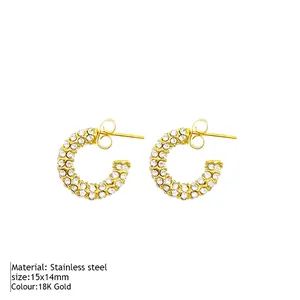 Boucles d'oreilles créoles C en acier inoxydable plaqué or 18K avec strass et perles
