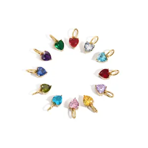 Set of 12 colorful heart zircon pendants in gold finish arranged in a circular layout