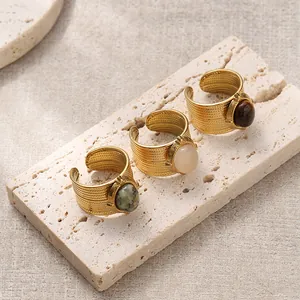 Vintage 18K gold-plated stainless steel open rings with colorful gemstone inlays