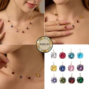 Detail of 14K gold plated stainless steel necklace featuring colorful crystal pendants