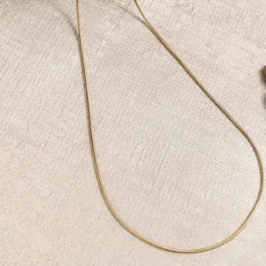 Close-up of minimalist gold-plated snake chain necklace with smooth metallic texture