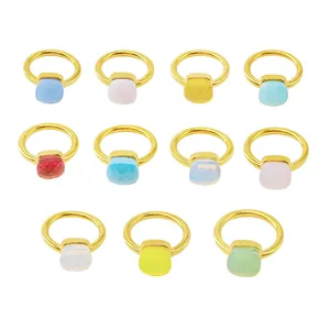 Set of 11 colorful square-cut gemstone rings in polished gold-plated stainless steel