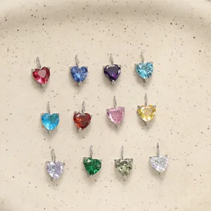 Set of 12 colorful heart zircon pendants with 18K gold plated stainless steel bases