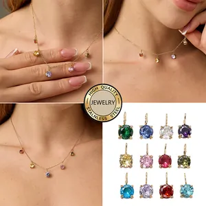 Round 316L Stainless Steel Cubic Zirconia Pendants DIY Jewelry Making Accessories Gold Plated Birthstone Charms Jewelry