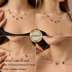 Stainless steel 18K gold plated necklace with multi-colored heart-shaped zircon charms