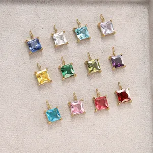 316L Stainless Steel Square Colored Gemstone Pendant For Necklace Bracelet DIY Jewelry Making Women Luxury Birthstone Charms