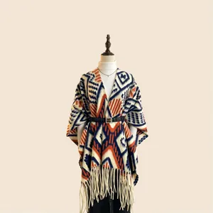 Bohemian Geometric Jacquard Tassel Shawl Wrap Ethnic Open Front Poncho Cape For Women Men Autumn Winter Warm Cloak