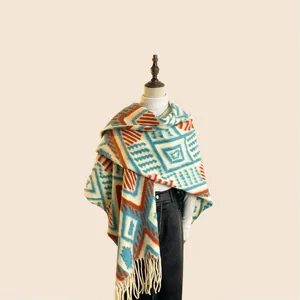 Bohemian oversized thick shawl wrap with geometric patterns and fringe tassels