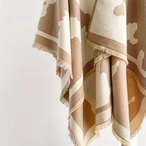 Detail of thick milk-pattern knit shawl featuring soft texture and long fringe tassels