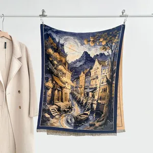 Écharpe Femme Rétro Peinture à l'Huile Paysage de Ville d'Eau Châle Épais et Chaud en Imitation Cachemire Avec Glands Accessoire Artistique