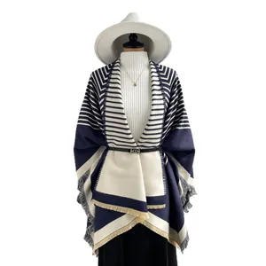 Fashionable geometric stripe cashmere-like shawl with tassels and a slim waist belt