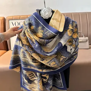 Écharpe artistique style peinture à l'huile avec motifs et pompons marine
