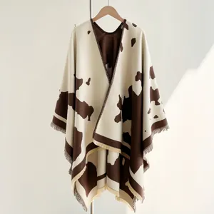 Women's Fashion Cow Print Poncho Shawl Thickened Warm Tassel Open Front Wrap For Travel Daily Office Polyester Cashmere Feeling Scarf
