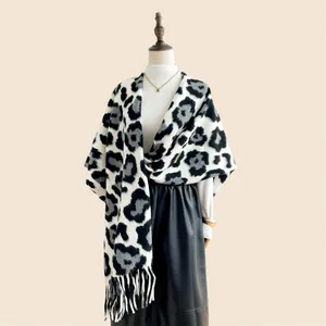 Vintage leopard print knit shawl for women with thick cashmere feel and fringe details