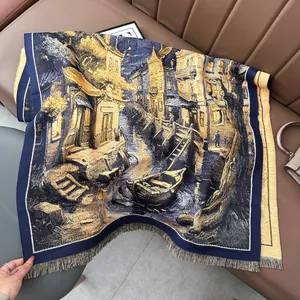 Écharpe style peinture à l'huile vintage en cachemire avec design de ville d'eau et franges