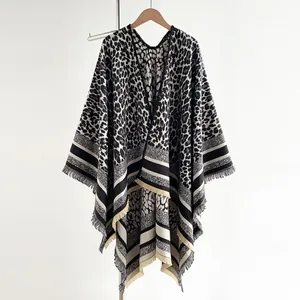 Vintage Leopard Print Fringed Shawl Women Imitation Cashmere Split Cape Cloak Pashmina Warm Winter Wrap Open Front Poncho
