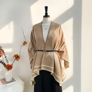 Elegant beige ginkgo leaf knit shawl wrap with fringe tassels for women in autumn