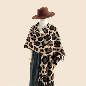 Thick vintage leopard print shawl with tassels and warm cashmere-like finish for women