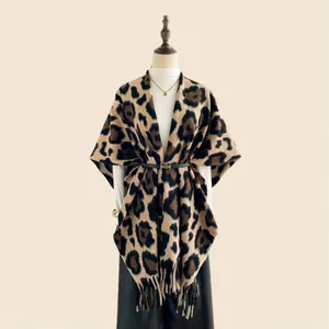 Vintage leopard print shawl with fringe tassels and waist belt for women winter