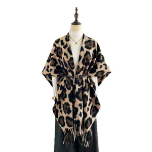 Vintage leopard print shawl with tassels and black belt, warm thick pashmina wrap
