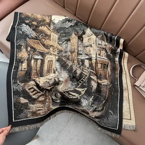 Texture détaillée d'une écharpe peinture à l'huile vintage avec franges élégantes