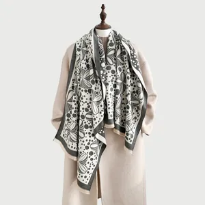 Autumn winter women's shawl scarf with black and white floral pattern and tassels