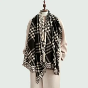 Plaid and leopard print scarf with tassels on beige coat for autumn fashion style