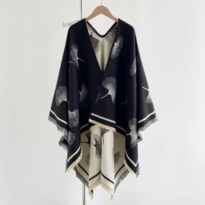 Women Vintage Ginkgo Leaf Knitted Poncho Cape Imitation Cashmere Split Shawl Scarf With Tassel Warm Autumn Winter Outerwear