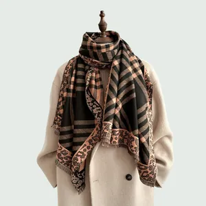 Maillard plaid and leopard print scarf with fringe, autumn stylish winter warm shawl