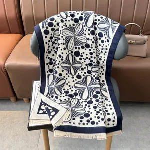 Classic navy and white jacquard warm shawl with floral patterns and short fringes