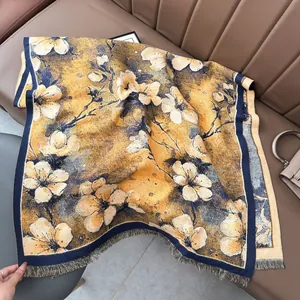 Vintage floral cashmere-feel warm scarf in mustard yellow with white flower prints