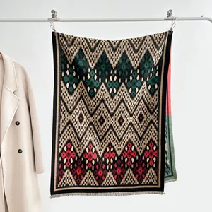 Écharpe Ethnique Géométrique Épaisse Aspect Cachemire pour Femme Vintage Chaud Châle Pashmina avec Gland Automne Hiver Mode